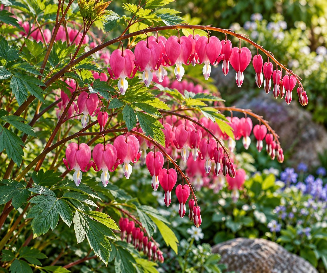 Asian bleeding heart in flower: arching stems hung with rows of pink heart-shaped blooms with white tips
