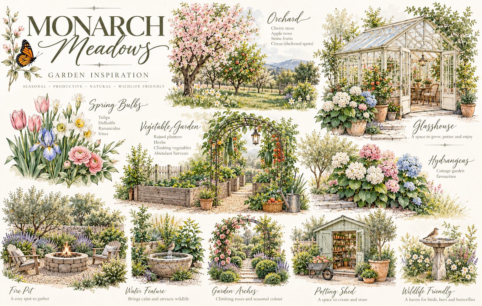 The Monarch Meadows garden inspiration board: an orchard, spring bulbs, a vegetable garden with raised beds and arches, the glasshouse, hydrangeas, a fire pit, a water feature, garden arches, a potting shed and a wildlife-friendly bird bath