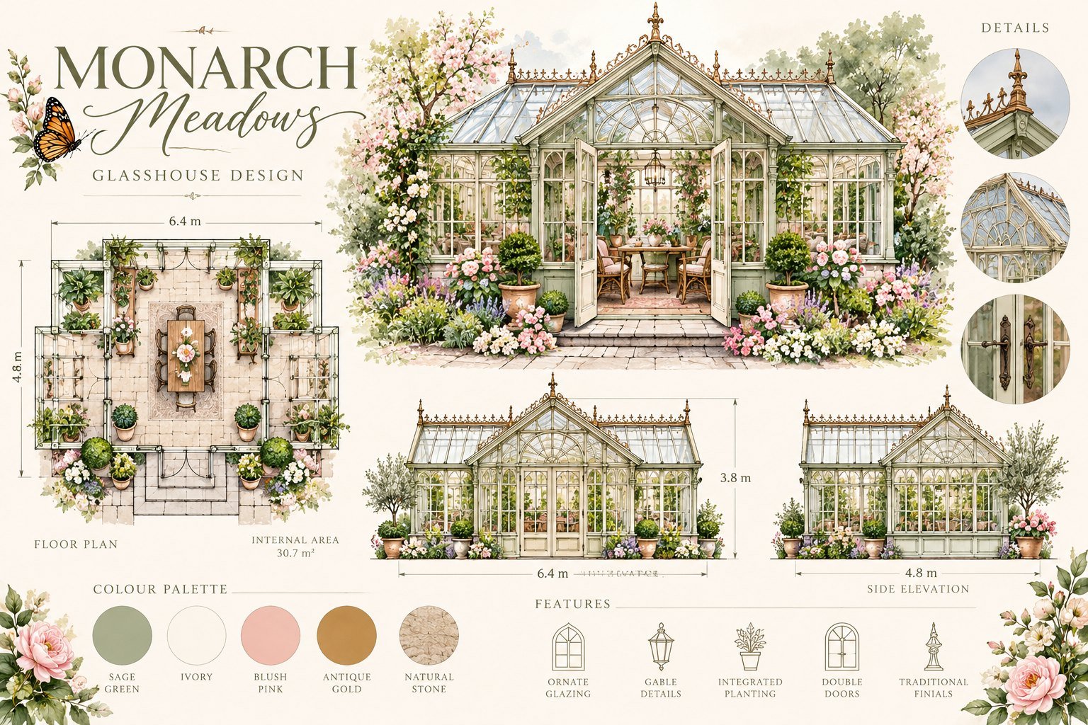 Glasshouse design board for The Monarch Meadows: a sage-green Victorian-style glasshouse with double doors, ornate glazing and gold finials, shown with a floor plan, front and side elevations, colour palette and details