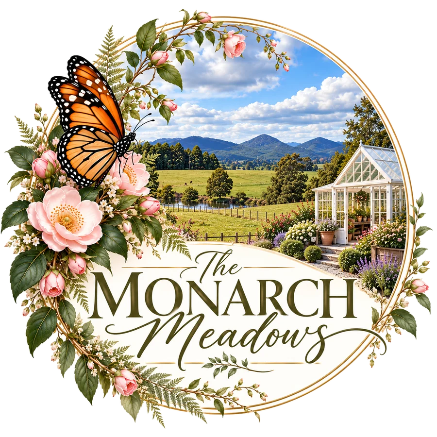 The Monarch Meadows logo: a monarch butterfly and blush roses framing Tasmanian meadows